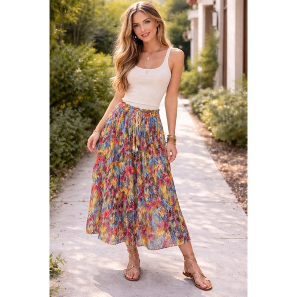 Short Circuit Boho Maxi Skirt Floral Print Yellow Blue‎ Red Tie Waist Free Size